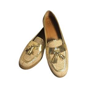 Tory Burch Careen Raffia Dress Loafer, Mirror Metallic, Brazil, Size 9.5 M
